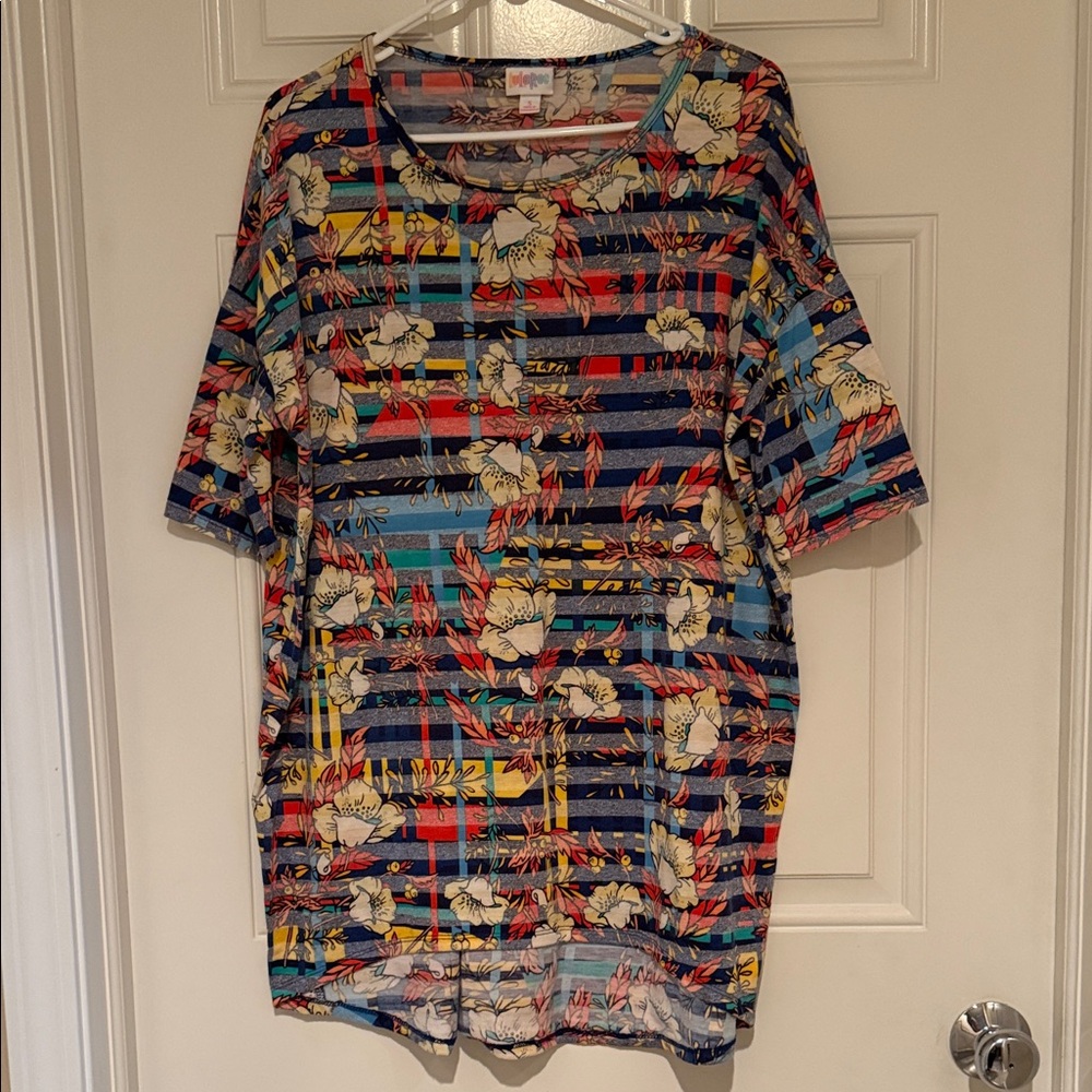 LuLaRoe Multicolor Floral Stripe Short Sleeve Tee